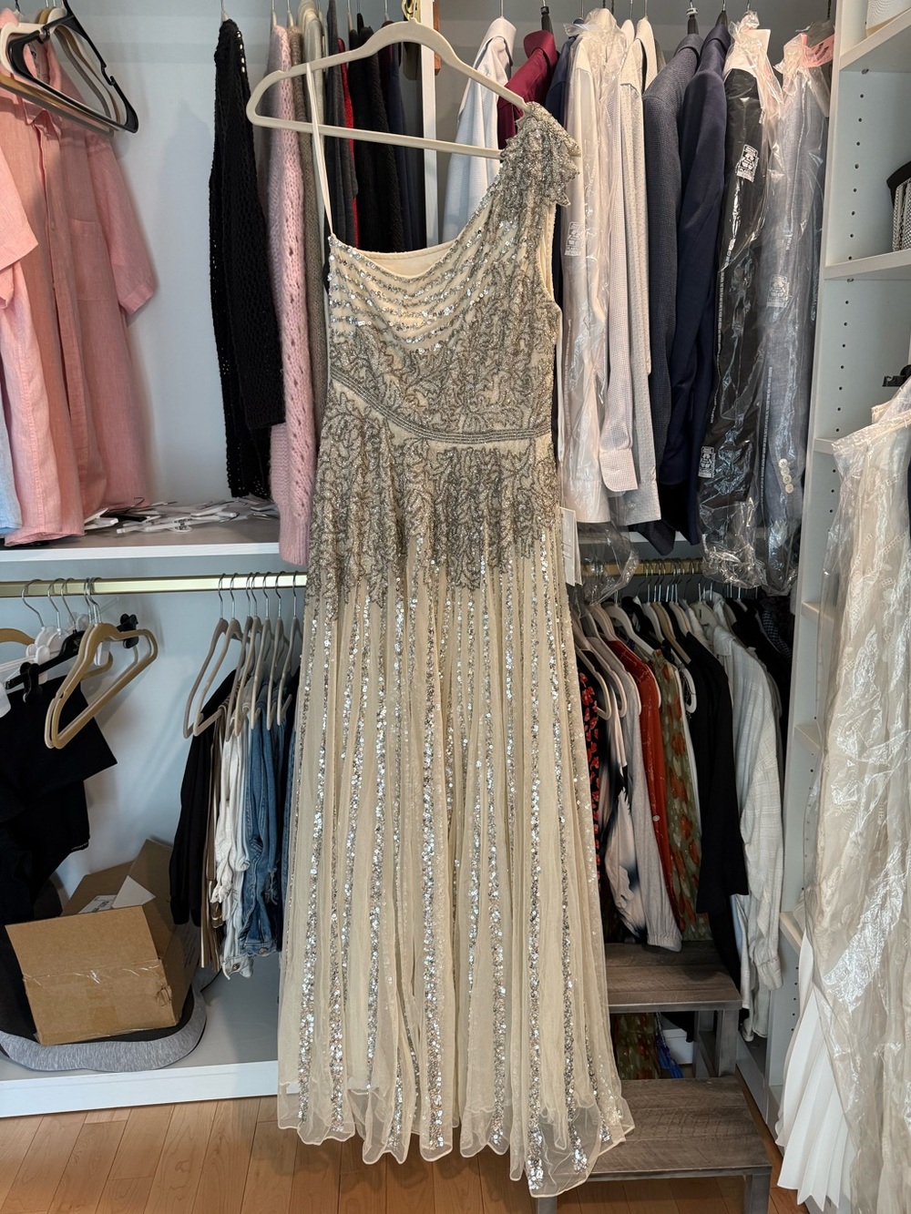 One-Shoulder Champagne Sequin Evening Dress